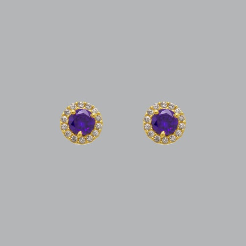 14K YELLOW GOLD STUD CZ EARRINGS SCREW BACK HALO PURPLE: NEW 14K YELLOW GOLD STUD EARRINGS New 14K Yellow Gold Earrings Measures: 6mm in diameter Stud Earrings with Cubic Zirconia Earrings have a polished finish Screw back Stamp: 14k Avg Weight: apx 1g