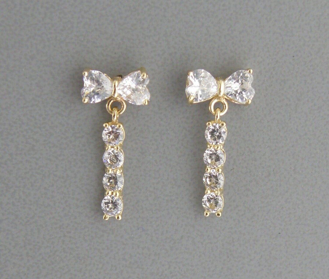 14K YELLOW GOLD GIRLS DANGLE CZ EARRINGS SCREW BOW (1 of 2)