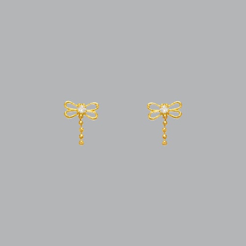 14K YELLOW GOLD STUD CZ EARRINGS SCREW BACK DRAGONFLY: NEW 14K YELLOW GOLD STUD EARRINGS New 14K Yellow Gold Earrings Measures: 7mm W x 7mm H Earrings with Cubic Zirconia Earrings have a polished finish Screw back Stamp: 14k Avg Weight: under 1g