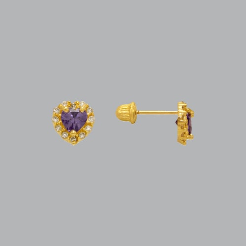 14K YELLOW GOLD STUD CZ EARRINGS PURPLE HALO HEART: NEW 14K YELLOW GOLD STUD EARRINGS New 14K Yellow Gold Earrings Measures: 6mm W x 7mm H Earrings with Cubic Zirconia Earrings have a polished finish Screw back Stamp: 14k Avg Weight: apx 1g