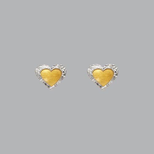 14K TWO TONE GOLD LADIES DIAMOND CUT EARRINGS HEART: NEW 14K TWO TONE GOLD STUD EARRINGS New 14K Two Tone Gold Earrings Measures: 6x6mm Stud Earrings Earrings have a polished finish Post back Stamp: 14k Avg Weight: apx 1g