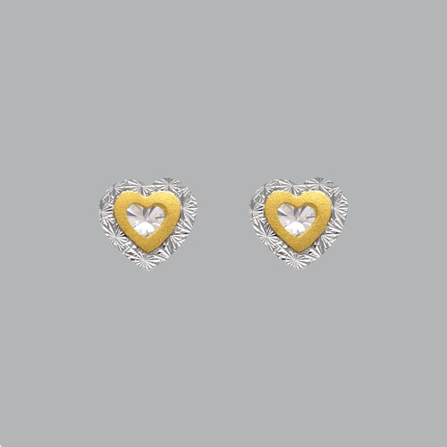 14K TWO TONE GOLD STUD CZ EARRINGS SCREW BACK HEART: NEW 14K YELLOW GOLD STUD EARRINGS New 14K Yellow Gold Earrings Measures: 9mm W x 9mm H Earrings with Cubic Zirconia Earrings have a polished finish Screw back Stamp: 14k Avg Weight: apx 1g