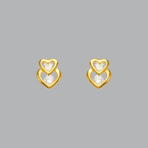 14K YELLOW GOLD STUD CZ EARRINGS SCREW BACK DOUBLE HART: NEW 14K YELLOW GOLD STUD EARRINGS New 14K Yellow Gold Earrings Measures: 7mm W x 9mm H Earrings with Cubic Zirconia Earrings have a polished finish Screw back Stamp: 14k Avg Weight: apx 1g