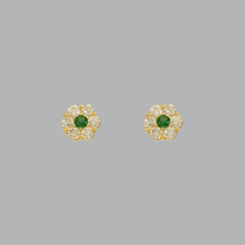 14K YELLOW GOLD STUD CZ EARRINGS SCREW BACK HALO GREEN: NEW 14K YELLOW GOLD STUD EARRINGS New 14K Yellow Gold Earrings Measures: 5mm in diameter Stud Earrings with Cubic Zirconia Earrings have a polished finish Screw back Stamp: 14k Avg Weight: under 1g
