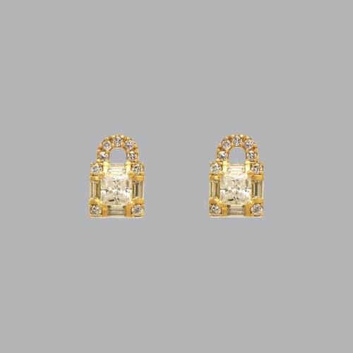 NEW 14K YELLOW GOLD LADIES FANCY STUD CZ EARRINGS LOCK: NEW 14K YELLOW GOLD STUD EARRINGS New 14K Yellow Gold Earrings Measures: 7mm W x 10mm H Stud Earrings with Cubic Zirconia Earrings have a polished finish Push back Stamp: 14k Avg Weight: 2g