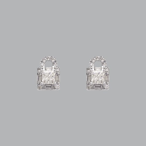 NEW 14K WHITE GOLD LADIES FANCY STUD CZ EARRINGS LOCK: NEW 14K WHITE GOLD STUD EARRINGS New 14K white Gold Earrings Measures: 7mm W x 10mm H Stud Earrings with Cubic Zirconia Earrings have a polished finish Push back Stamp: 14k Avg Weight: 2g