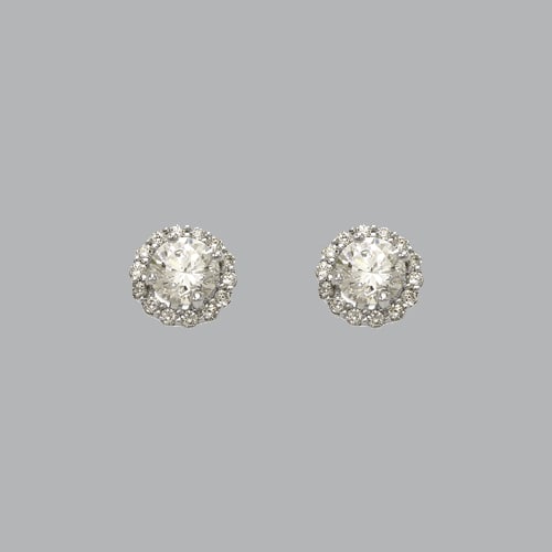 NEW 14K WHITE GOLD LADIES FANCY STUD CZ EARRINGS HALO: NEW 14K WHITE GOLD STUD EARRINGS New 14K White Gold Earrings Measures: 8mm W x 8mm H Stud Earrings with Cubic Zirconia Earrings have a polished finish Push back Stamp: 14k Avg Weight: 1.5g