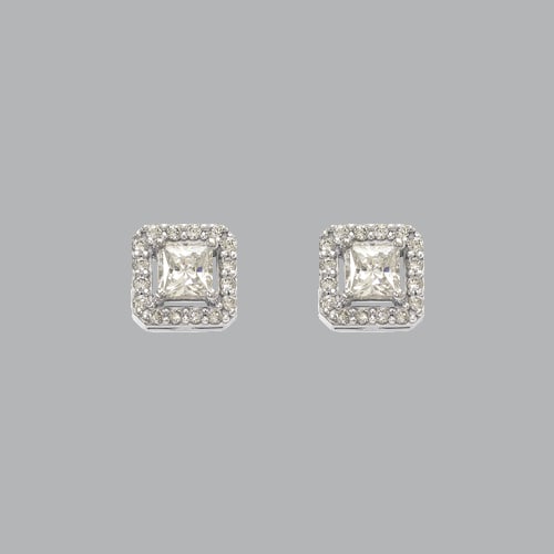 NEW 14K WHITE GOLD LADIES FANCY STUD CZ EARRINGS HALO: NEW 14K WHITE GOLD STUD EARRINGS New 14K White Gold Earrings Measures: 8mm W x 8mm H Stud Earrings with Cubic Zirconia Earrings have a polished finish Push back Stamp: 14k Avg Weight: 1.7g