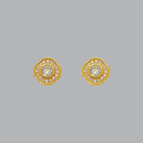 NEW 14K YELLOW GOLD LADIES FANCY CZ EARRINGS HALO: NEW 14K YELLOW GOLD STUD EARRINGS New 14K Yellow Gold Earrings Measures: 8mm W x 8mm H Stud Earrings with Cubic Zirconia Earrings have a polished finish Push back Stamp: 14k Avg Weight: 1.2g