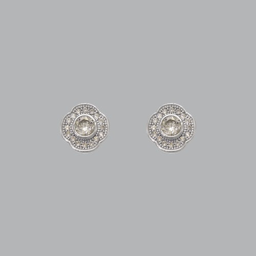 NEW 14K WHITE GOLD LADIES FANCY CZ EARRINGS HALO: NEW 14K WHITE GOLD STUD EARRINGS New 14K White Gold Earrings Measures: 8mm W x 8mm H Stud Earrings with Cubic Zirconia Earrings have a polished finish Push back Stamp: 14k Avg Weight: 1.2g