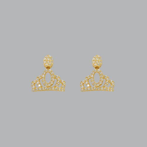 NEW 14K YELLOW GOLD LADIES FANCY CZ EARRINGS CROWN PAVE: NEW 14K YELLOW GOLD EARRINGS New 14K Yellow Gold Earrings Measures: 12mm W x 12mm H Earrings with Cubic Zirconia Earrings have a polished finish Push back Stamp: 14k Avg Weight: 1.7g
