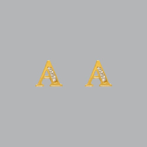 14K YELLOW GOLD LADIES GIRLS INITIAL STUD CZ EARRINGS A: NEW 14K YELLOW GOLD INITIAL STUD EARRINGS New 14K Yellow Gold Earrings Measures: 7mm W x 7mm H Stud Earrings with Cubic Zirconia Earrings have a polished finish Push back Stamp: 14k Avg Weight: 0.7g