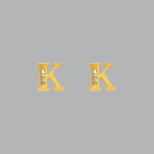 14K YELLOW GOLD LADIES GIRLS INITIAL STUD CZ EARRINGS K: NEW 14K YELLOW GOLD INITIAL STUD EARRINGS New 14K Yellow Gold Earrings Measures: 7mm W x 7mm H Stud Earrings with Cubic Zirconia Earrings have a polished finish Push back Stamp: 14k Avg Weight: 0.7g