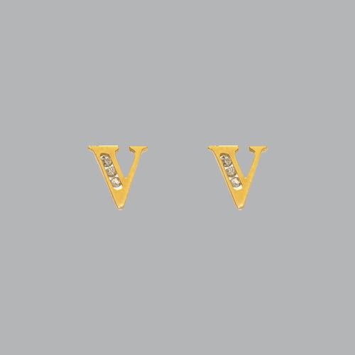 14K YELLOW GOLD LADIES GIRLS INITIAL STUD CZ EARRINGS V: NEW 14K YELLOW GOLD INITIAL STUD EARRINGS New 14K Yellow Gold Earrings Measures: 7mm W x 7mm H Stud Earrings with Cubic Zirconia Earrings have a polished finish Push back Stamp: 14k Avg Weight: 0.7g