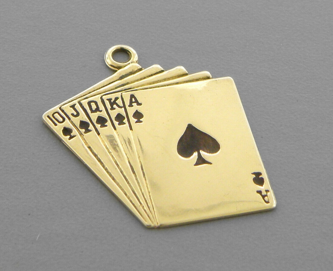 VINTAGE 14K YELLOW GOLD ROYAL FLUSH SPADE CARDS PENDANT (1 of 2)