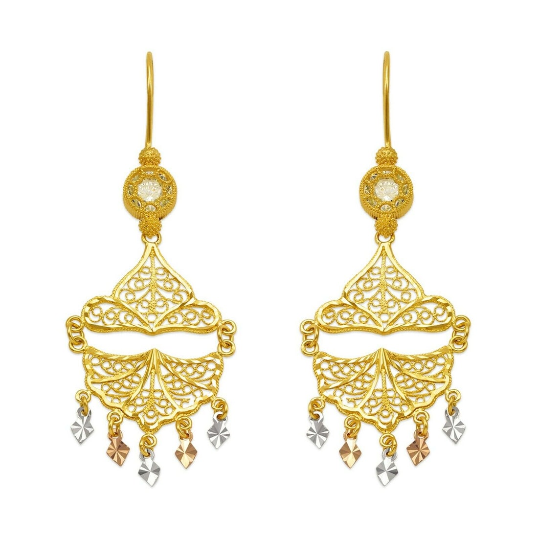 14K TRI COLOR GOLD DROP DANGLE CHANDELIER CZ EARRINGS (1 of 2)