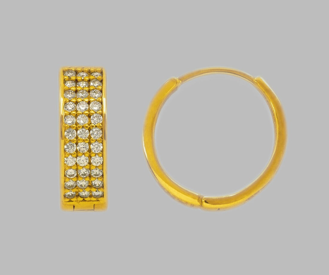 14K YELLOW GOLD ROUND CZ HUGGIE HOOP EARRINGS 3 ROW (1 of 1)