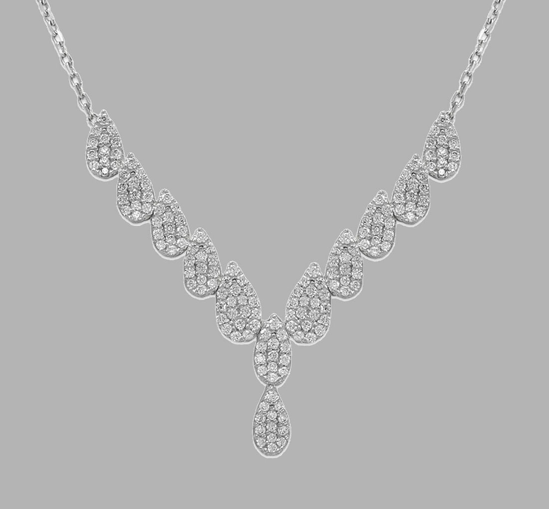14K WHITE GOLD LADIES FANCY CZ NECKLACE TEARDROP: NEW 14K WHITE GOLD CZ TEARDROP NECKLACE New 14K White Gold chain necklace Measures: 18" Long Pendant measures 40mm x 38mm Cubic Zirconia Polished finish Stamp: 14k 18\" - 5.1g