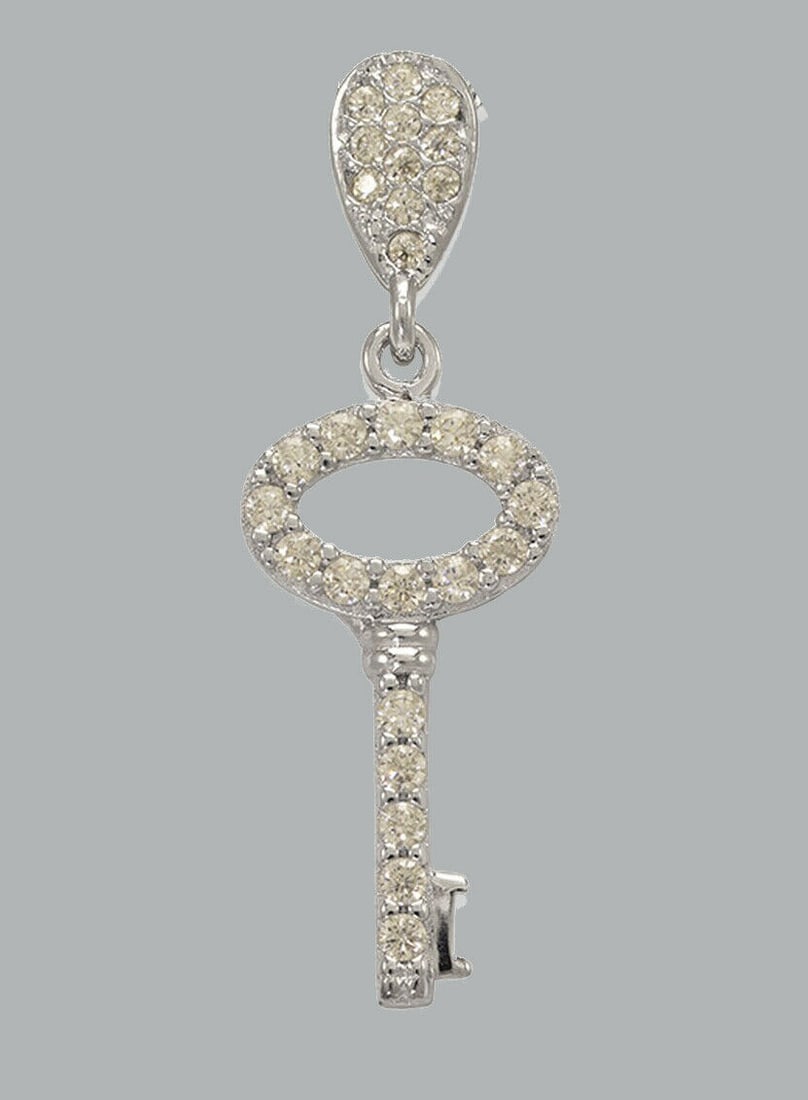 NEW 14K WHITE GOLD CZ FANCY CHARM PENDANT KEY: NEW 14K WHITE GOLD CZ KEY PENDANT New 14K White Gold pendant Pendant measures 9x20mm Set with cubic zirconia Polished finish Stamp: 14k Apx Weight: 0.9g