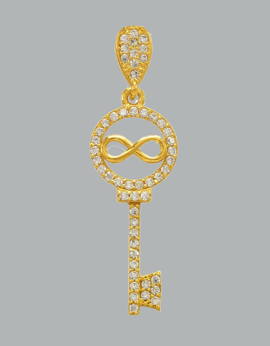 NEW 14K YELLOW GOLD CZ FANCY CHARM PENDANT INFINITY KEY: NEW 14K YELLOW GOLD CZ KEY PENDANT New 14K Yellow Gold pendant Pendant measures 10x26mm Set with cubic zirconia Polished finish Stamp: 14k Apx Weight: 1.2g