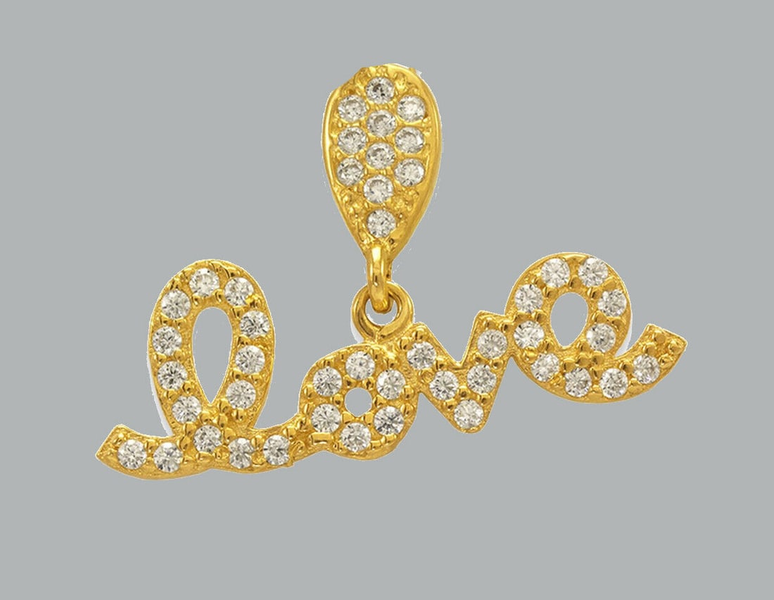 NEW 14K YELLOW GOLD CZ FANCY CHARM PENDANT LOVE: NEW 14K YELLOW GOLD CZ LOVE PENDANT New 14K Yellow Gold pendant Pendant measures 22x6mm Set with cubic zirconia Polished finish Stamp: 14k Apx Weight: 1.1g