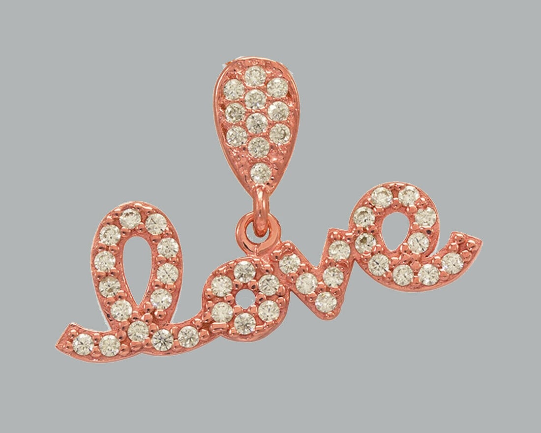 NEW 14K ROSE GOLD CZ FANCY CHARM PENDANT LOVE: NEW 14K ROSE GOLD CZ LOVE PENDANT New 14K Rose Gold pendant Pendant measures 22x6mm Set with cubic zirconia Polished finish Stamp: 14k Apx Weight: 1.1g