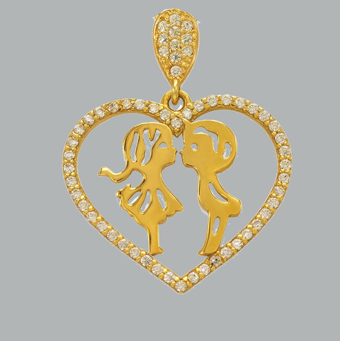 NEW 14K YELLOW GOLD CZ FANCY CHARM PENDANT LOVERS: NEW 14K YELLOW GOLD CZ LOVERS PENDANT New 14K Yellow Gold pendant Heart measures 21x19mm Set with cubic zirconia Polished finish Stamp: 14k Apx Weight: 2.2g