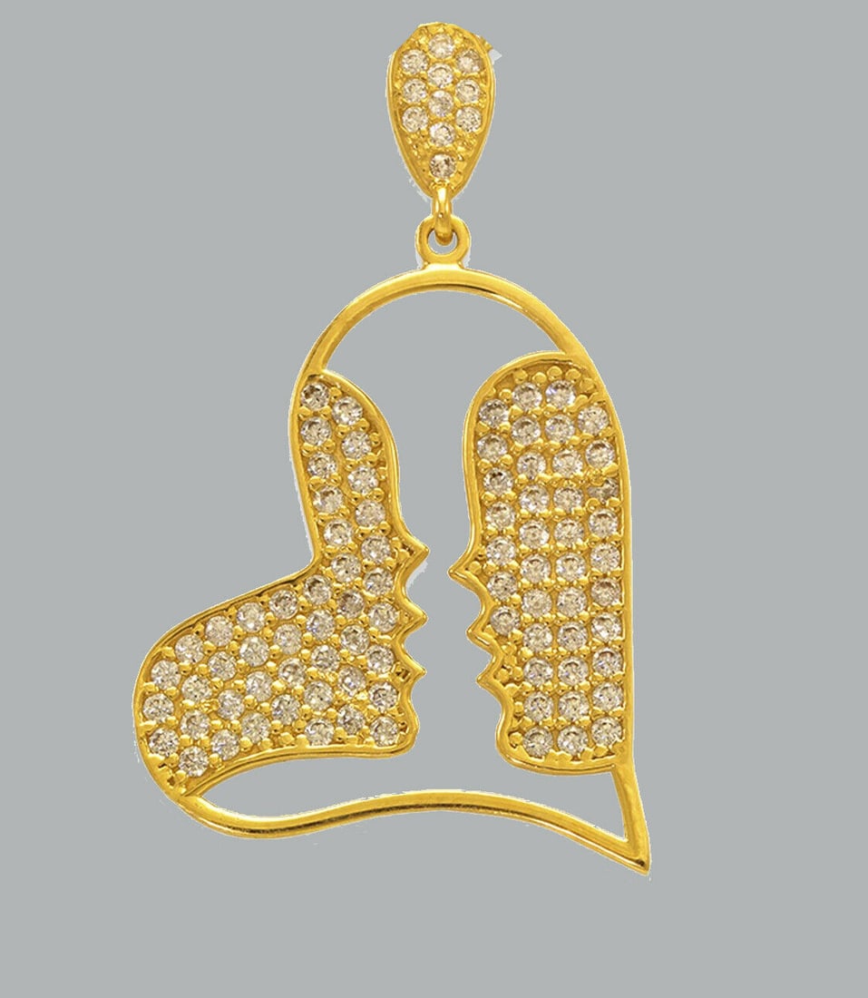 NEW 14K YELLOW GOLD CZ FANCY CHARM PENDANT KISS HEART: NEW 14K YELLOW GOLD CZ HEART PENDANT New 14K Yellow Gold pendant Heart measures 21x25mm Set with cubic zirconia Polished finish Stamp: 14k Apx Weight: 2.5g