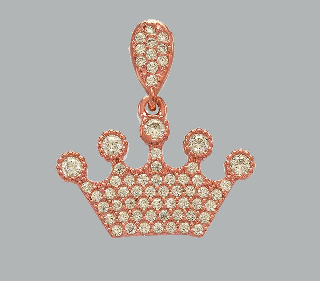 14K ROSE GOLD CZ FANCY CHARM PENDANT CROWN TIARA: NEW 14K ROSE GOLD CROWN CZ PENDANT New 14K Rose Gold pendant Pendant measures 19mm x 21mm Set with cubic zirconia Polished finish Stamp: 14k Apx Weight: 1.7g