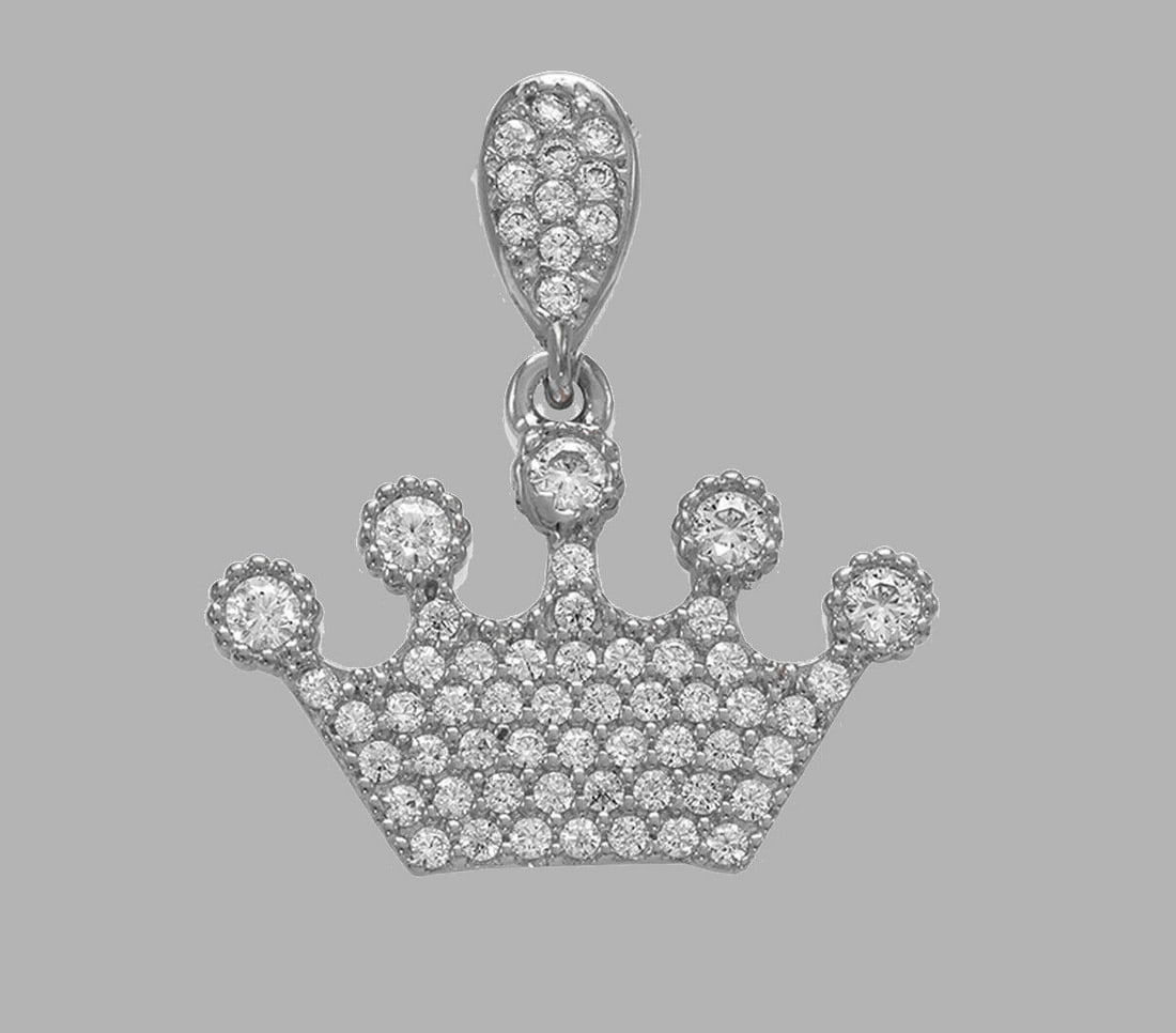 14K WHITE GOLD CZ FANCY CHARM PENDANT CROWN TIARA: NEW 14K WHITE GOLD CROWN CZ PENDANT New 14K White Gold pendant Pendant measures 19mm x 21mm Set with cubic zirconia Polished finish Stamp: 14k Apx Weight: 1.7g