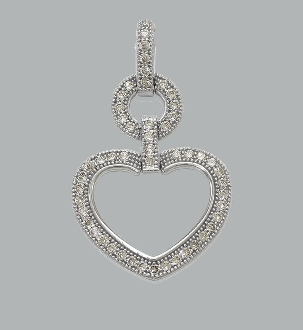 NEW 14K WHITE GOLD CZ FANCY CHARM PENDANT DANGLE HEART: NEW 14K WHITE GOLD DANGLE HEART CZ PENDANT New 14K White Gold pendant Measures 16mm x 21mm Set with cubic zirconia Polished finish Stamp: 14k Apx Weight: 1.6g