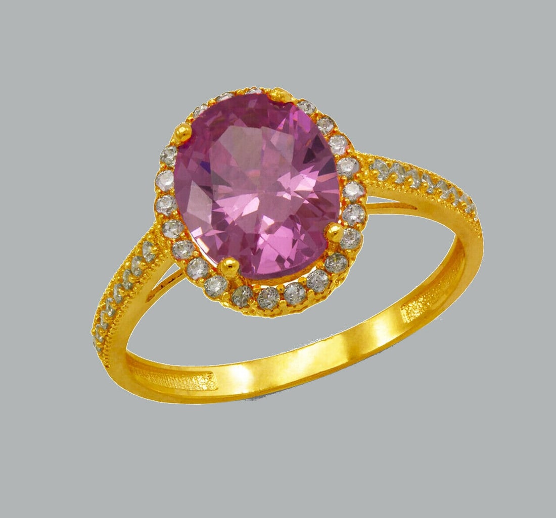 NEW 14K YELLOW GOLD LADIES CZ RING OVAL PINK HALO (1 of 1)