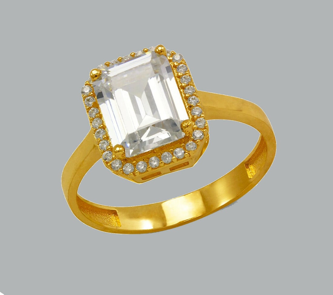 NEW 14K YELLOW GOLD CZ RING EMERALD CUT HALO RING (1 of 1)