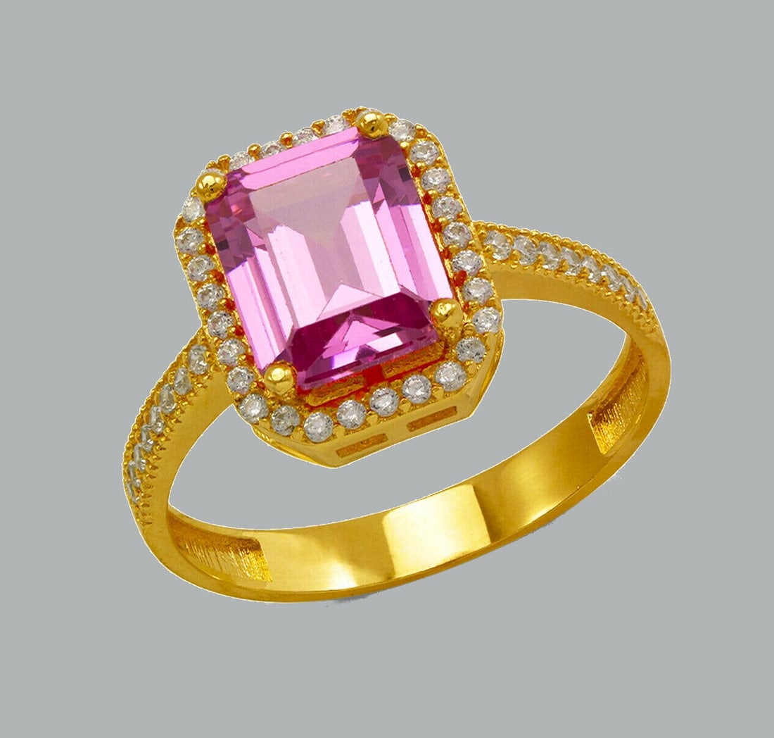 14K YELLOW GOLD CZ RING EMERALD CUT PINK HALO RING (1 of 1)