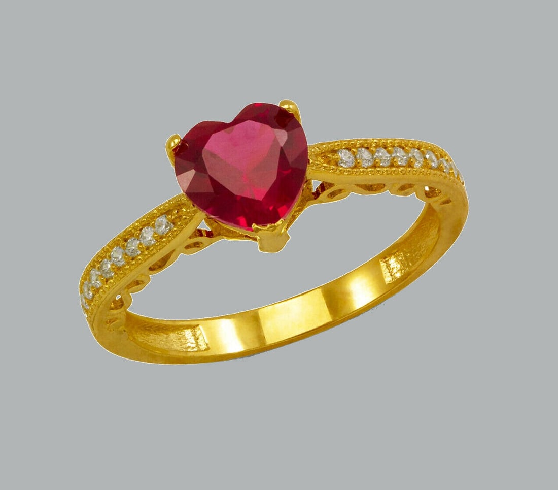 NEW 14K YELLOW GOLD LADIES CZ RING RED HEART SHAPE RING (1 of 1)