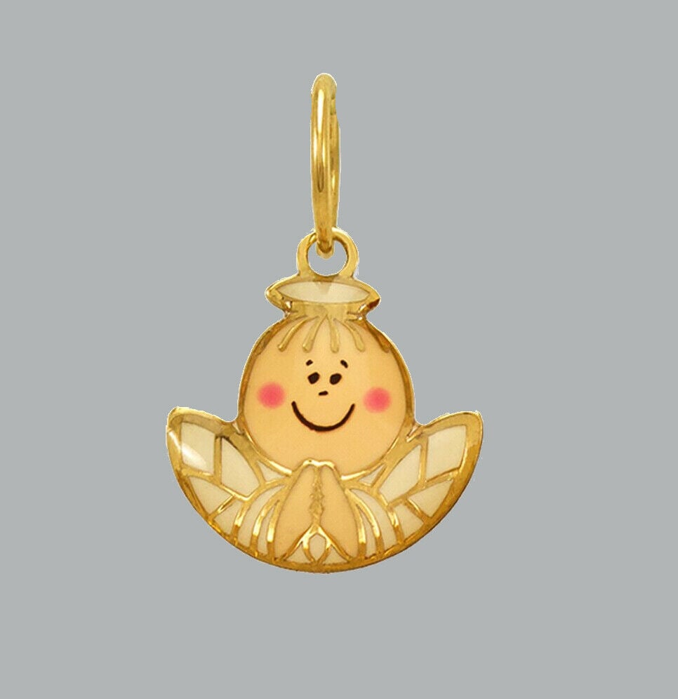 14K YELLOW GOLD ENAMEL PENDANT / CHARM SMALL ANGEL: NEW 14K YELLOW GOLD ENAMEL PENDANT New 14K Yellow Gold Pendant / charm Measures: 10mm in diameter (small) Pendant has a polished finish Enamel Stamp: 14k Apx Weight: 0.3g