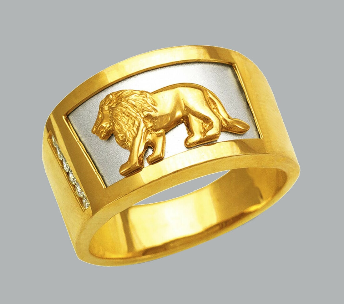 NEW 14K TWO TONE GOLD MENS CZ RING SIGNET LION (1 of 1)