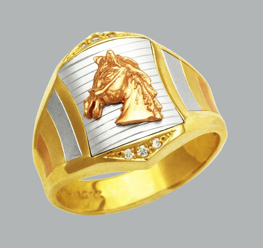 NEW 14K TRI COLOR GOLD MENS CZ RING SIGNET HORSE (1 of 1)