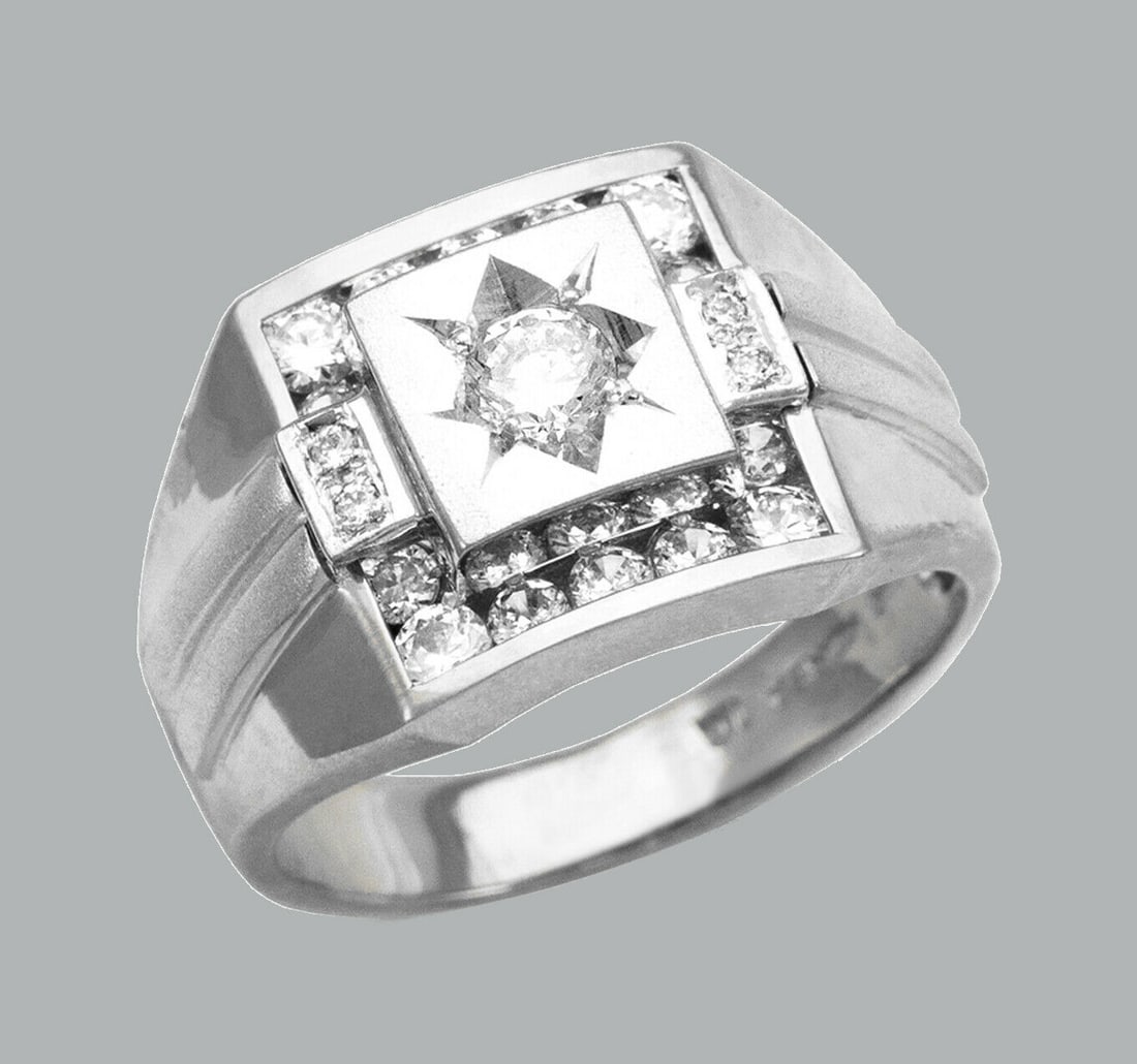 14K WHITE GOLD MENS CZ RING SIGNET FANCY (1 of 1)