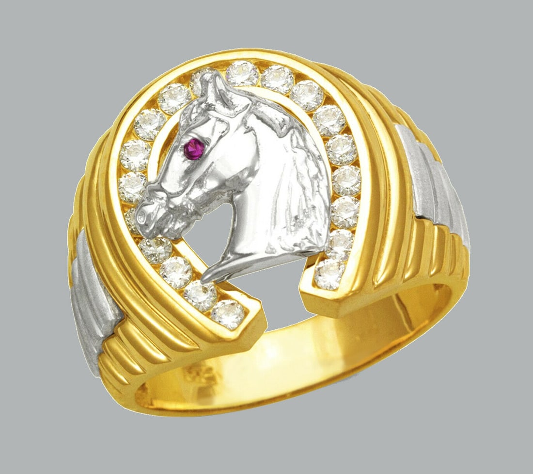 NEW 14K TWO TONE GOLD MEN'S CZ RING SIGNET FANCY HORSE (1 of 1)