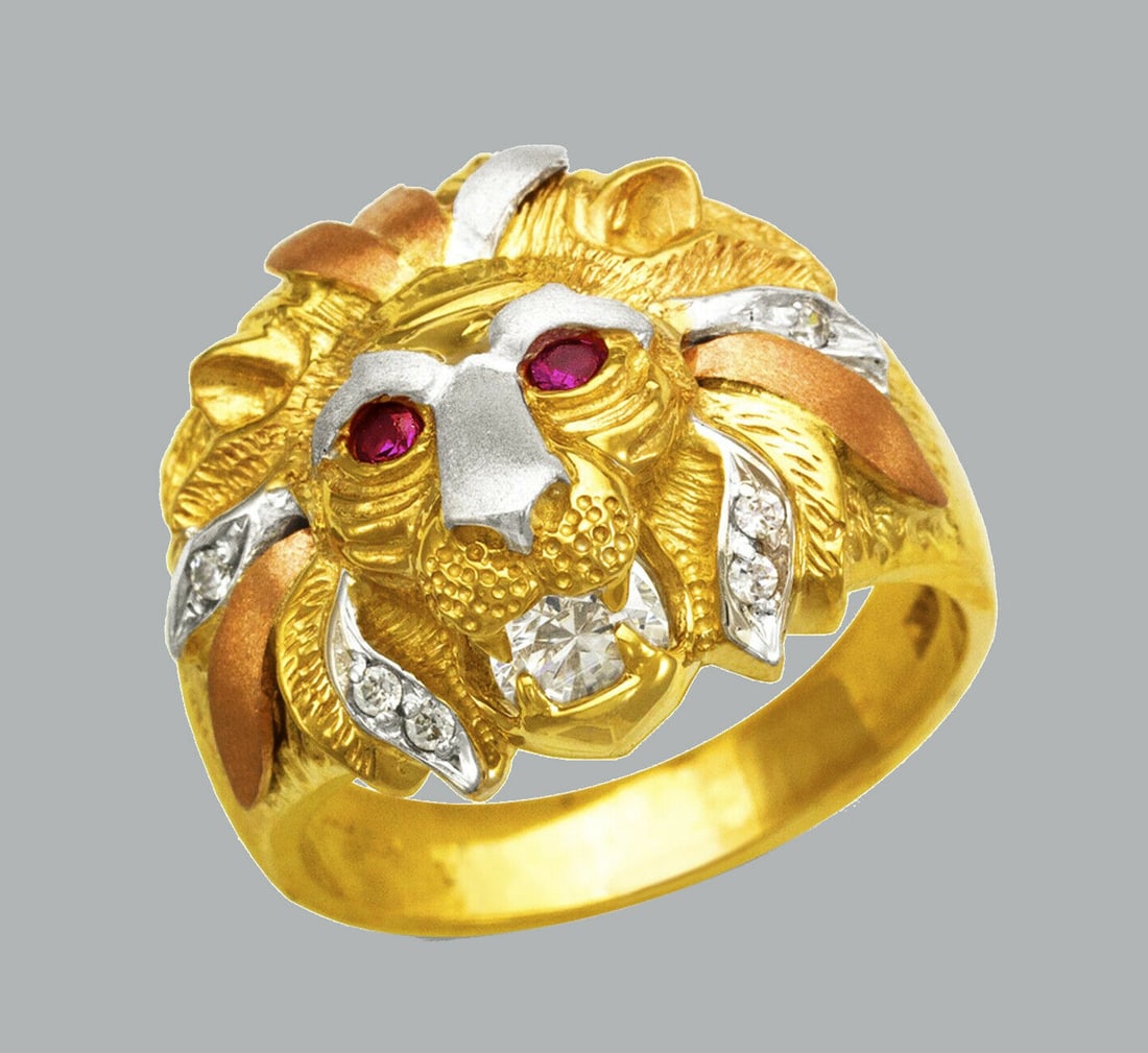 NEW 14K TRI COLOR GOLD MENS CZ RING LION HEAD (1 of 1)