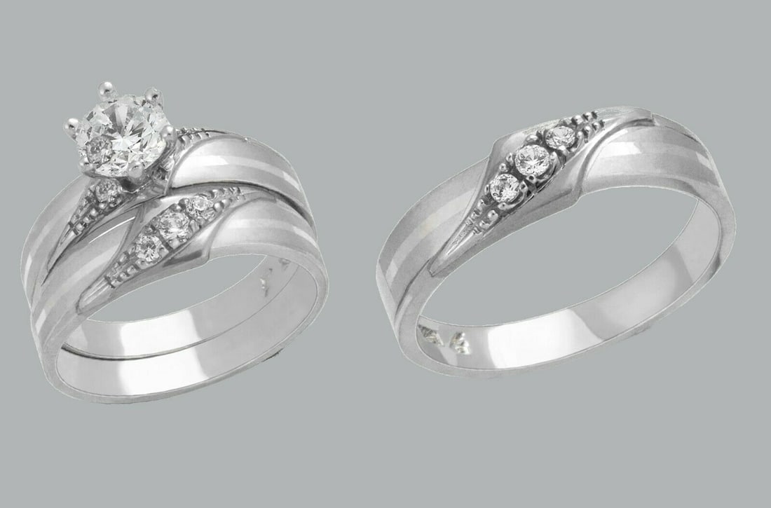 14K GOLD TRIO WEDDING SET CZ ENGAGEMENT RING BANDS 3pcs (1 of 1)