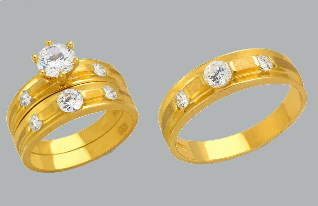 14K GOLD TRIO WEDDING SET CZ ENGAGEMENT RING BANDS 3pcs (1 of 1)