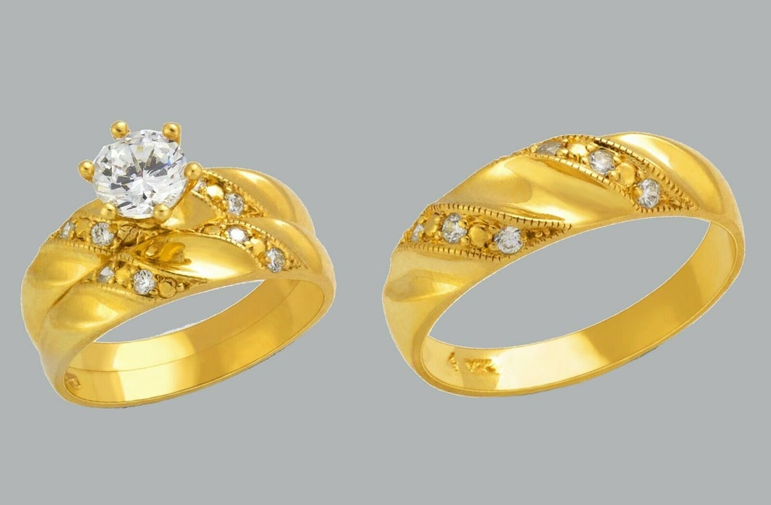 14K GOLD TRIO WEDDING SET CZ ENGAGEMENT RING BANDS 3pcs (1 of 1)