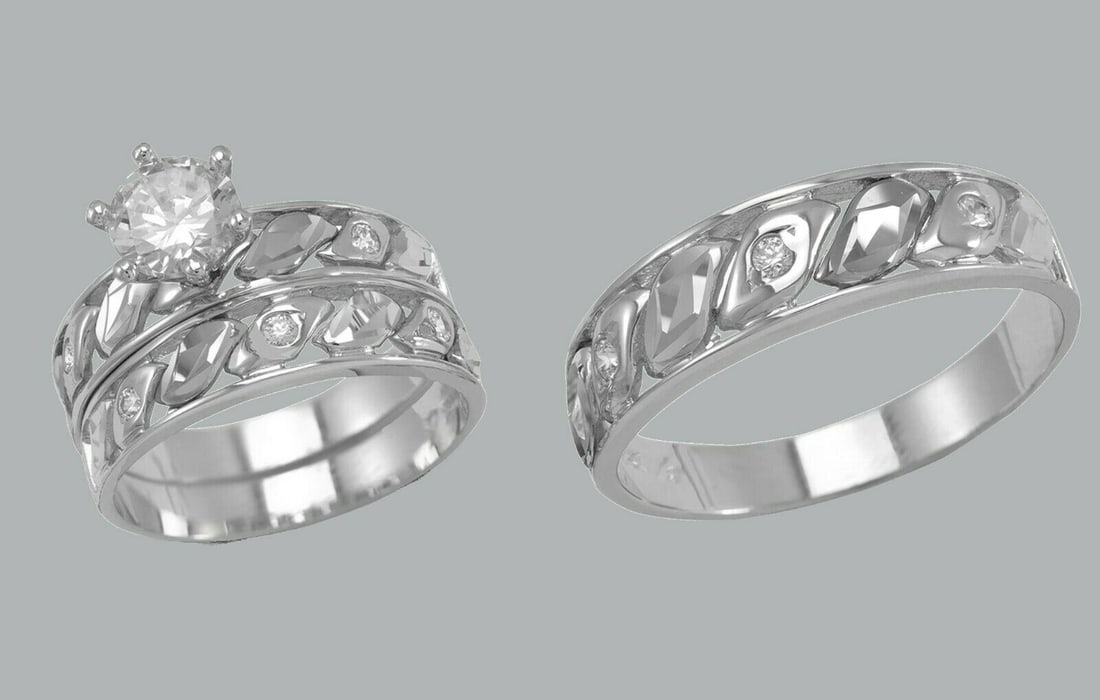 14K GOLD TRIO WEDDING SET CZ ENGAGEMENT RING BANDS 3pcs (1 of 1)