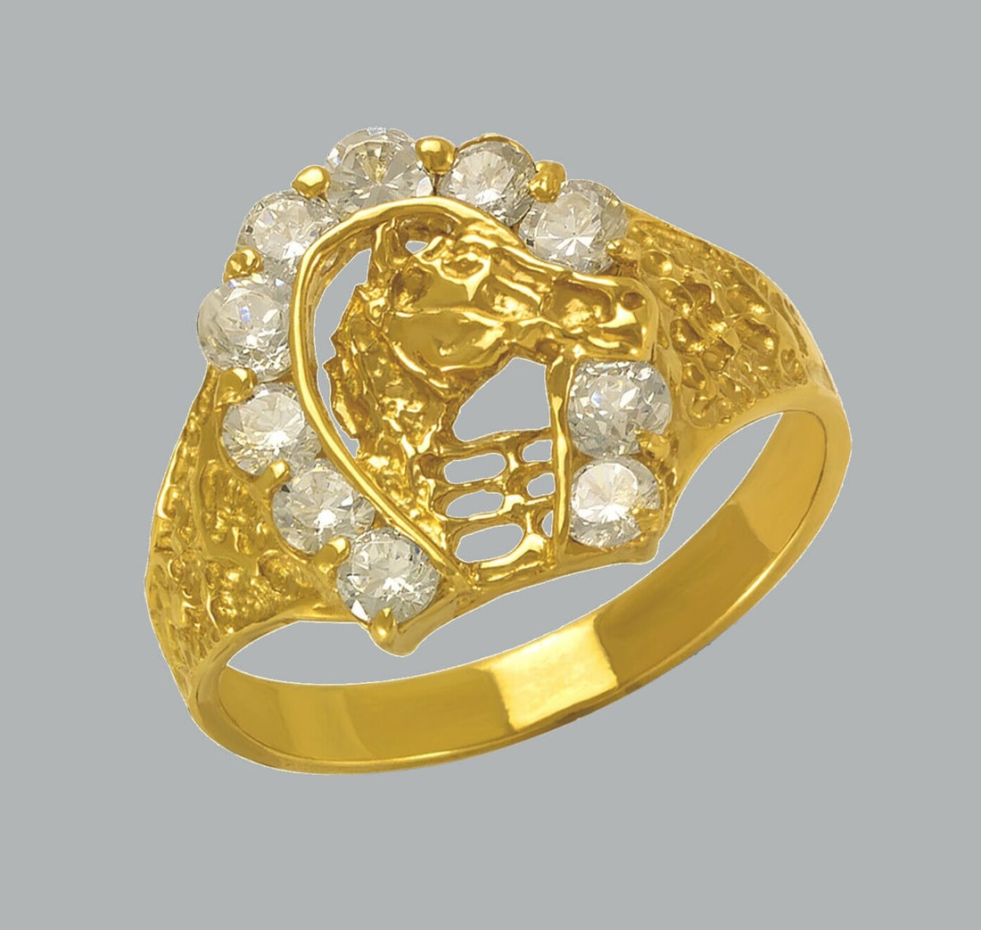 14K Y/ GOLD CZ RING MENS HORSE HORSESHOE RING GOODLUCK (1 of 1)
