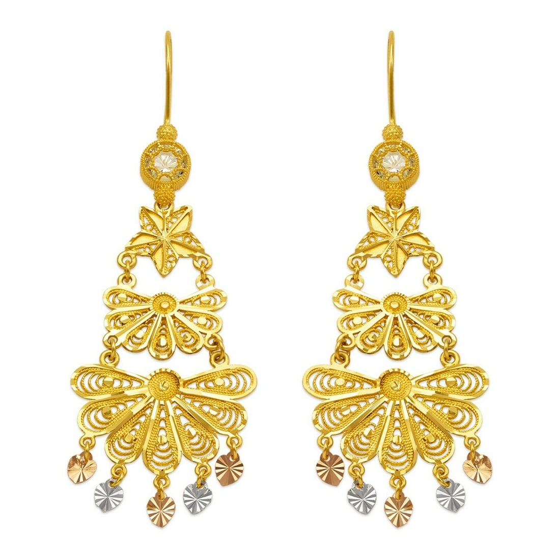 14K TRI COLOR GOLD DROP DANGLE CHANDELIER CZ EARRINGS (1 of 2)