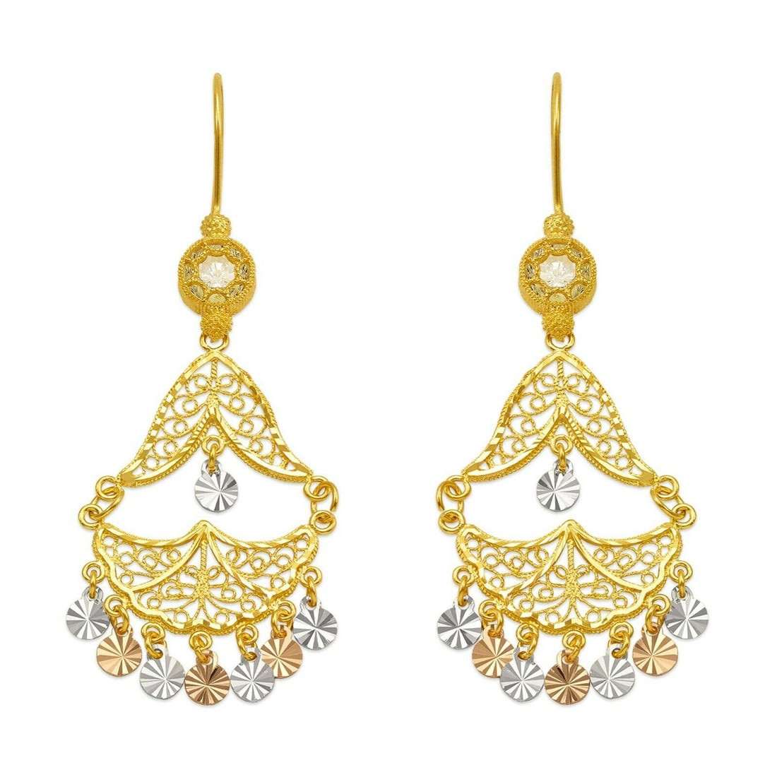 14K TRI COLOR GOLD DROP DANGLE CHANDELIER CZ EARRINGS (1 of 2)
