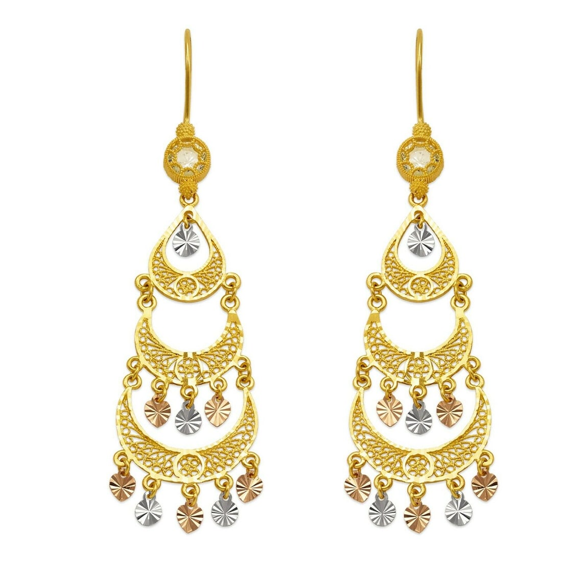 14K TRI COLOR GOLD DROP DANGLE CHANDELIER CZ EARRINGS (1 of 2)