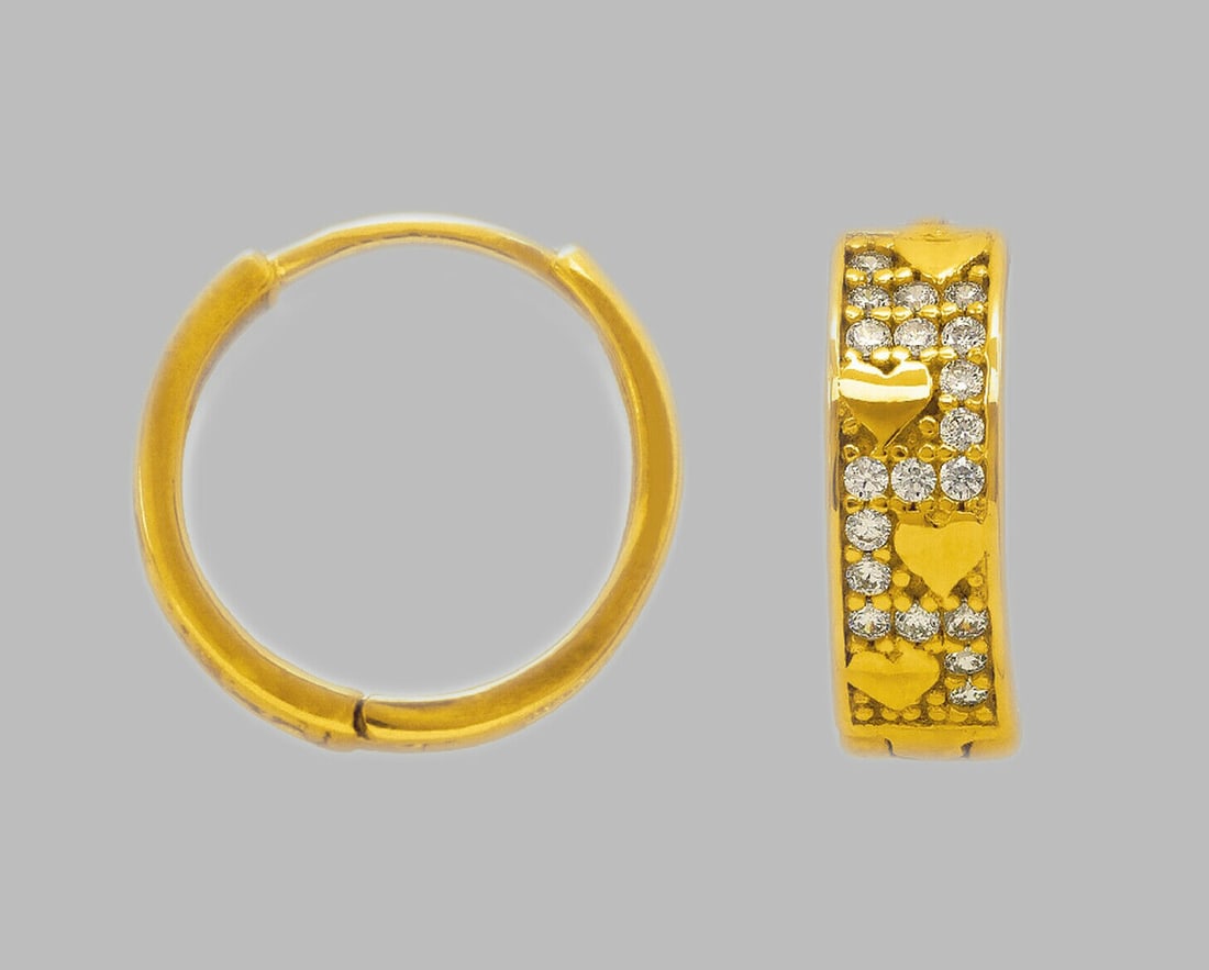 14K YELLOW GOLD ROUND CZ HUGGIE HOOP EARRINGS HEARTS (1 of 1)